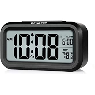 PEAKEEP Smart Night Light Digital Alarm Clock with Indoor Temperature, Battery Operated Desk Small Clock (Black)